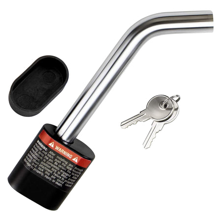Vypart J-Shape Trailer Hitch Receiver Lock with 5/8-inch diameter pin, shown with two keys for Class III/IV 2-inch and 2.5-inch receivers
