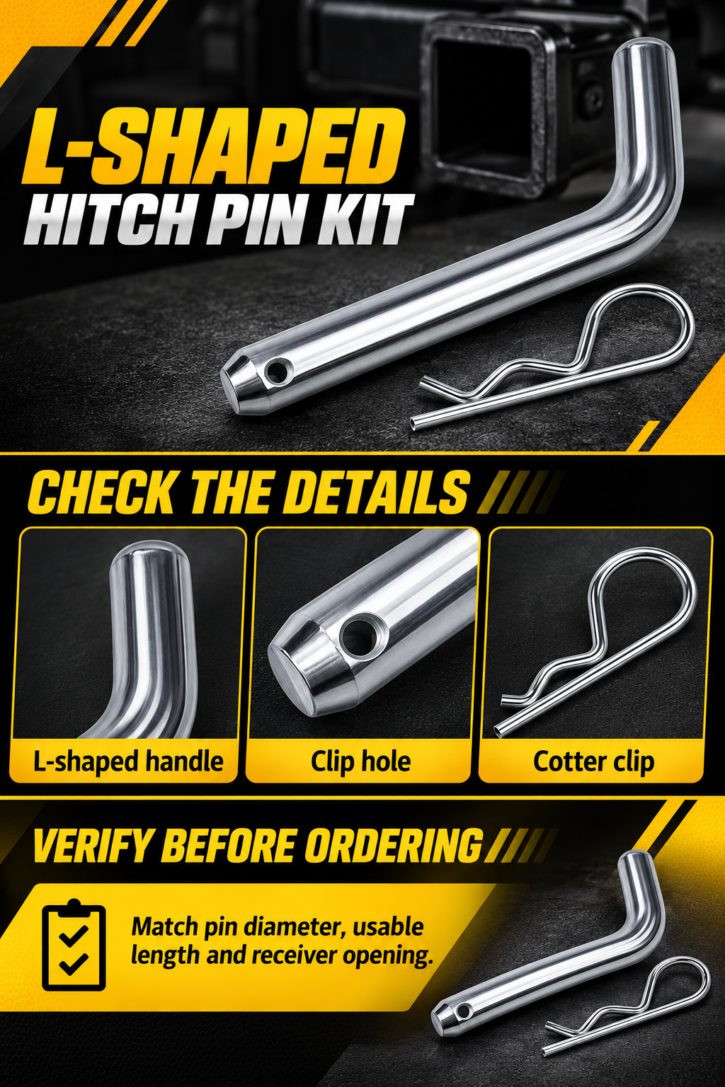 Vypart L-shaped hitch pin kit A+ guide showing bent handle, clip hole, cotter clip and size checks