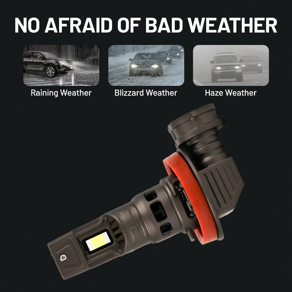 Vypart 30000LM 6500K LED fog light bulbs installed in vehicle housing, producing bright, pure white light output