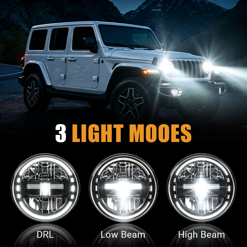 Experience versatile lighting with the Vypart 7-inch LED headlight set. Features a distinct white DRL halo, powerful low beam, and high beam, offering precise illumination and enhanced safety for night driving.