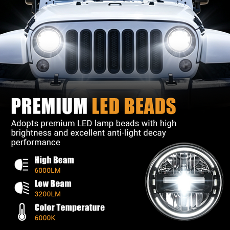 Adopting premium LED lamp beads, the Vypart 7-inch headlight delivers 6000LM high beam and 3200LM low beam at a 6000K color temperature, ensuring high brightness, excellent anti-light decay performance, and superior road visibility.
