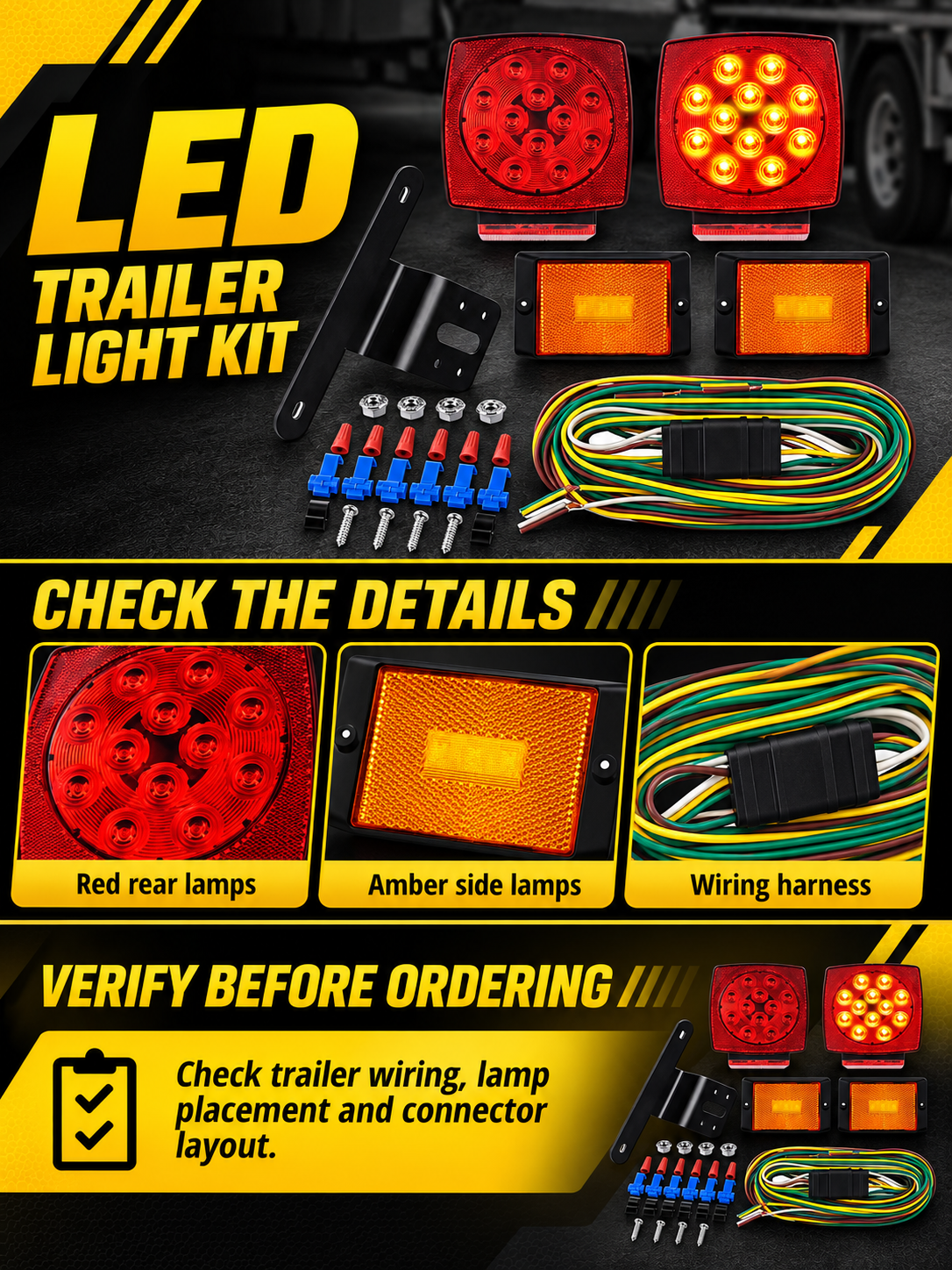 Vypart LED trailer light kit A+ guide showing red rear lamps, amber side lamps and wiring harness