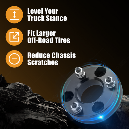 Practical benefits: level truck body stance, install larger off-road tires, reduce chassis scraping damage