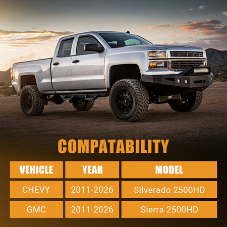 Vehicle fitment chart showing compatible model: CHEVY 2011-2026     Silverado 2500HD and GMC 2011-2026     Sierra 2500HD.