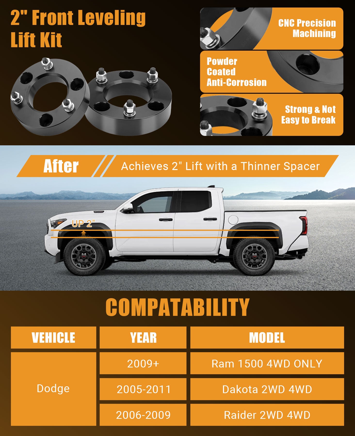 Designed to fix the factory nose‑down stance, this kit levels your pickup, increases ground clearance and makes room for larger off‑road tires for better off‑road performance and bold appearance. CNC‑machined aircraft‑grade aluminum with black powder coating provides solid rust and corrosion resistance. Equipped with grade 12.9 high‑tensile bolts, it stays stable without loosening or cracking on rough roads. All hardware is included for easy 1‑2‑hour DIY installation.