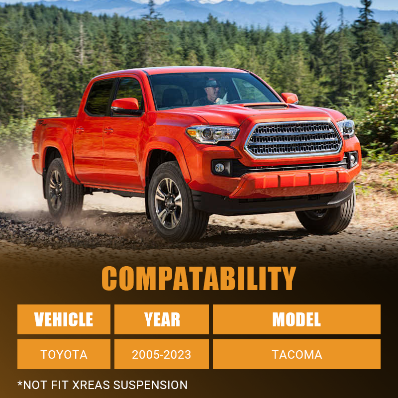 This lift kit is compatible with 2005-2023 Tacoma 2WD/4WD(6 lugs only).