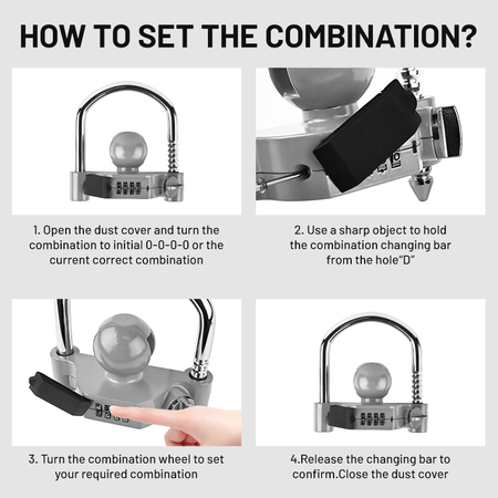 Vypart combination trailer lock demonstrating secure fit on 1-7/8", 2", and 2-5/16" trailer ball couplers