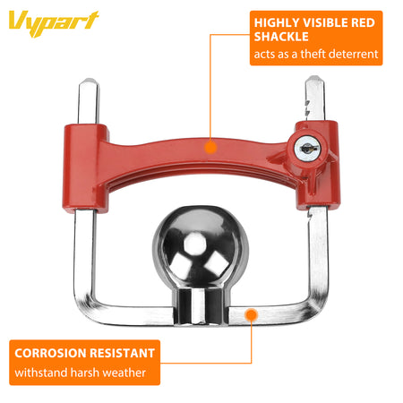 Vypart bar lock shown fitting onto three different ball couplers (1-7/8", 2", 2-5/16") to demonstrate universal compatibility
