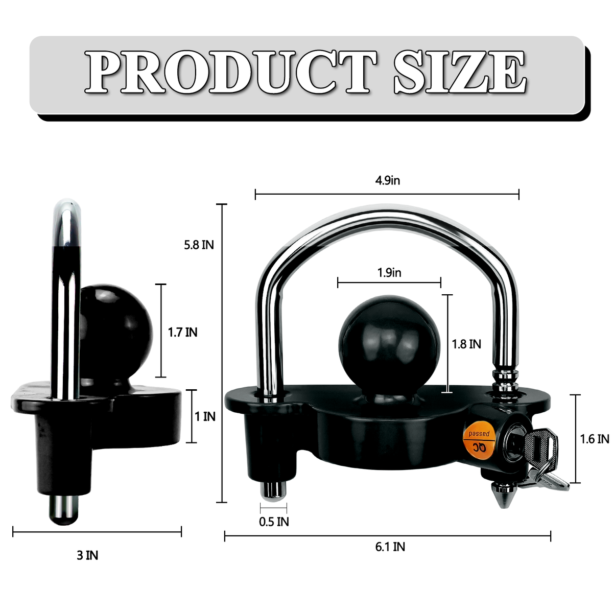 Vypart universal trailer lock securely installed on a trailer coupler, demonstrating theft protection