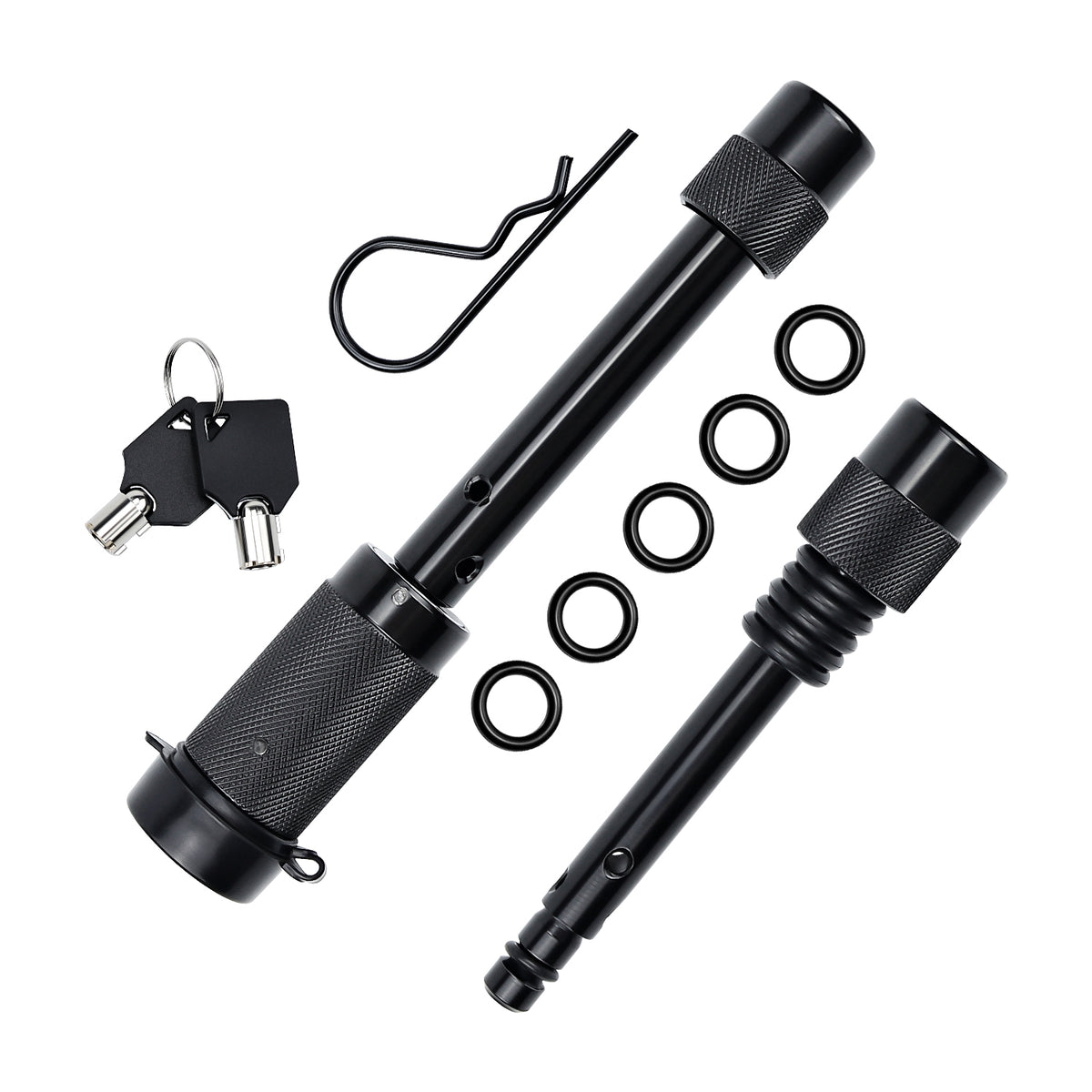 Vypart Locking Hitch Pin Set with 1/2-inch and 5/8-inch diameters, secured with a padlock, for Class I-V trailer receivers