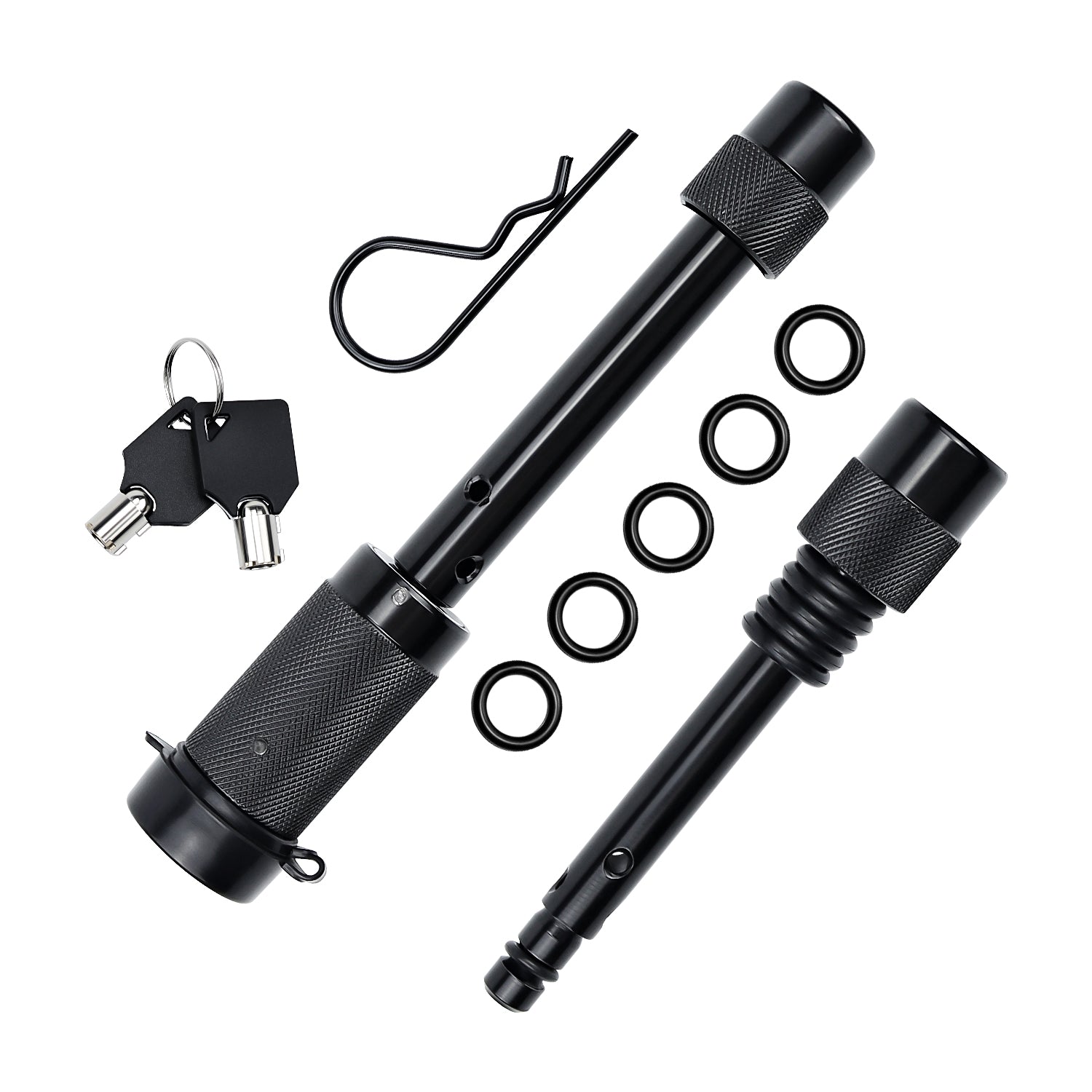 Vypart Locking Hitch Pin Set with 1/2-inch and 5/8-inch diameters, secured with a padlock, for Class I-V trailer receivers