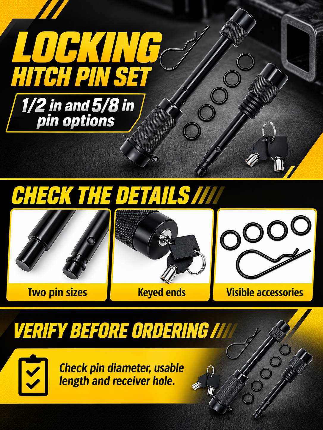 Vypart locking hitch pin set A+ guide showing two pin options, keyed ends, clip, rings and size check