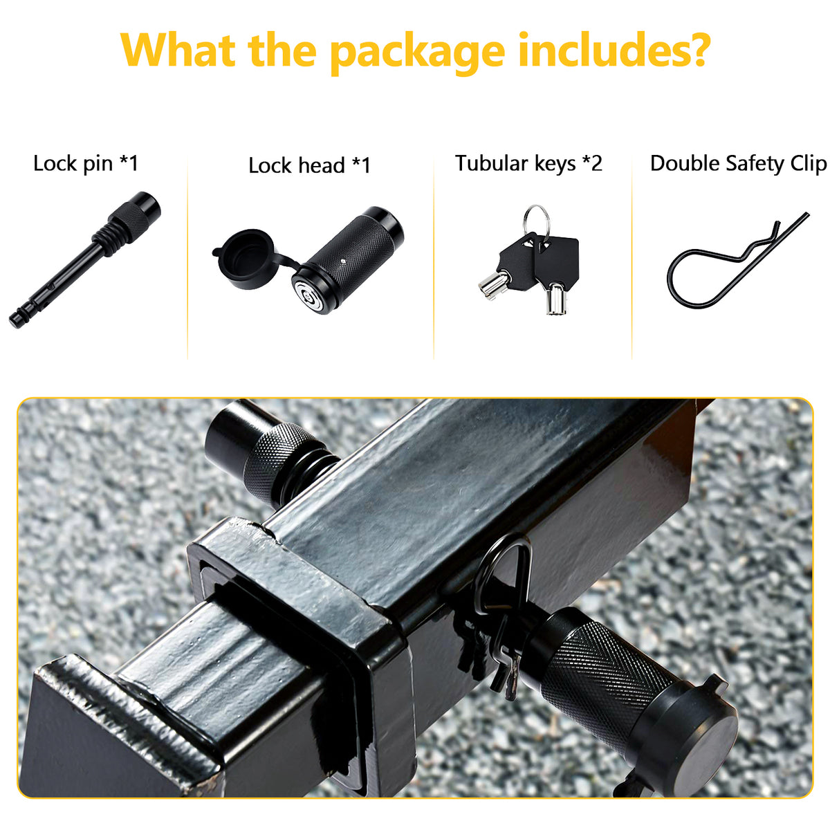 Vypart 5/8-inch locking hitch pin securely installed in a Class V truck receiver, demonstrating theft protection