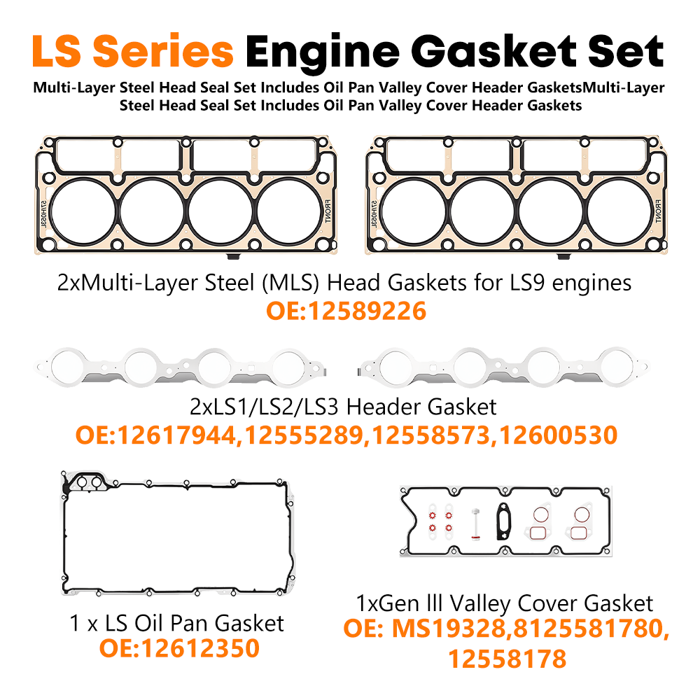 Vypart LS Series Engine Gasket Set – MLS Head Gaskets OE 12589226, Header Gaskets OE 12617944, Oil Pan OE 12612350, Valley Cover OE 12558178