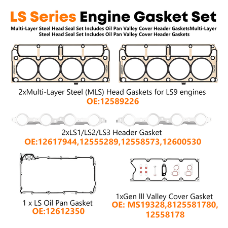 Vypart LS Series Engine Gasket Set – MLS Head Gaskets OE 12589226, Header Gaskets OE 12617944, Oil Pan OE 12612350, Valley Cover OE 12558178