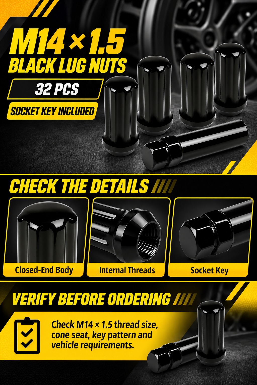 Vypart M14 x 1.5 black wheel lug nuts 32 pcs A+ guide showing closed-end body, internal threads, socket key and cone-seat fit check