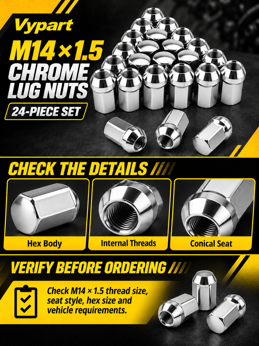 Vypart M14 x 1.5 chrome wheel lug nuts 24-piece A+ guide showing hex body, internal threads, conical seat and fit check