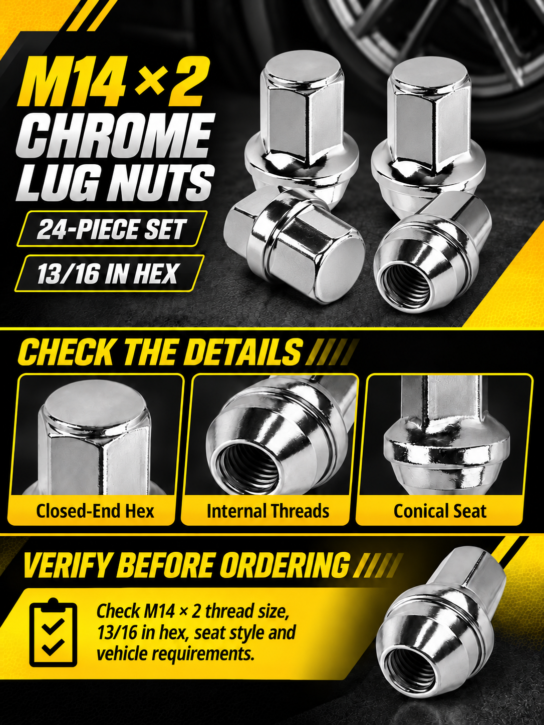 Vypart M14 x 2 chrome wheel lug nuts 24-piece A+ guide showing closed-end hex, internal threads, conical seat and 13/16 in hex check
