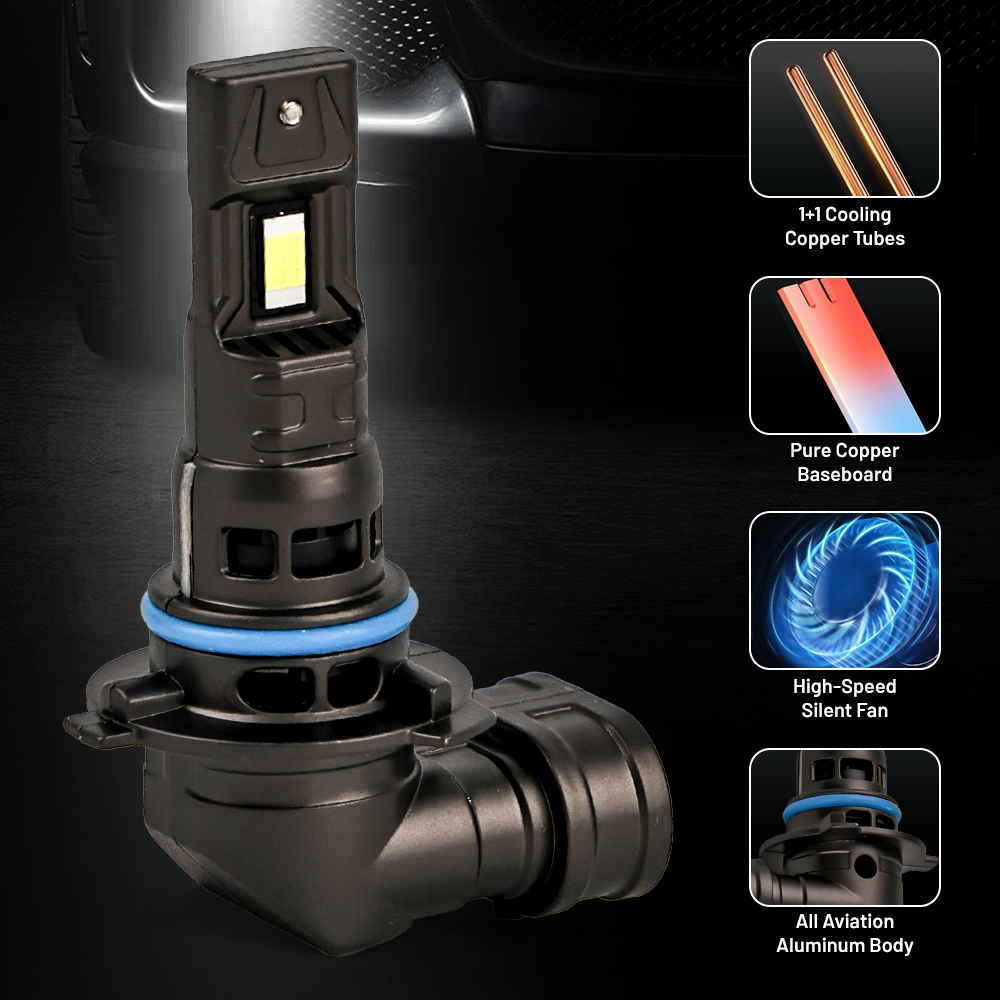 Extreme close-up detail shot focusing on the built-in cooling fan and the compact “Mini Turbo” aviation-inspired design of the Vypart 9006 LED bulb