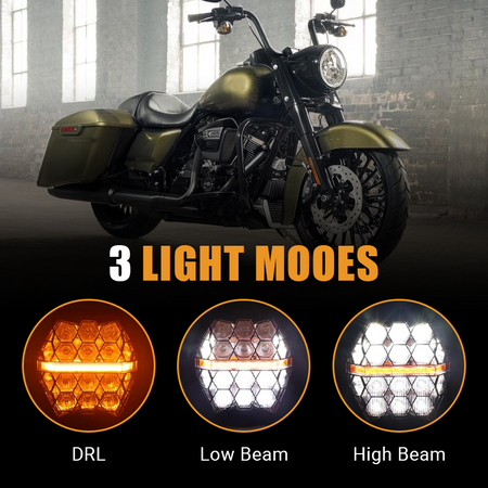 Experience versatile lighting with the Vypart motorcycle LED headlight. Features a distinct amber DRL, powerful high beam, and low beam, offering precise illumination and enhanced safety for night riding.