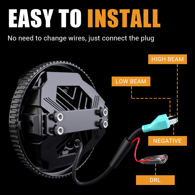 Save time on installation with the Vypart motorcycle LED headlight. No need to change wires; it's true plug-and-play. Includes clear wiring instructions for High Beam, Low Beam, Negative, and DRL connections.