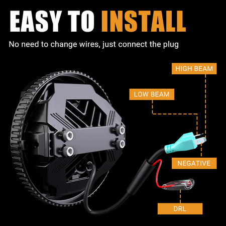 Save time on installation with the Vypart motorcycle LED headlight. No need to change wires; it's true plug-and-play. Includes clear wiring instructions for High Beam, Low Beam, Negative, and DRL connections.
