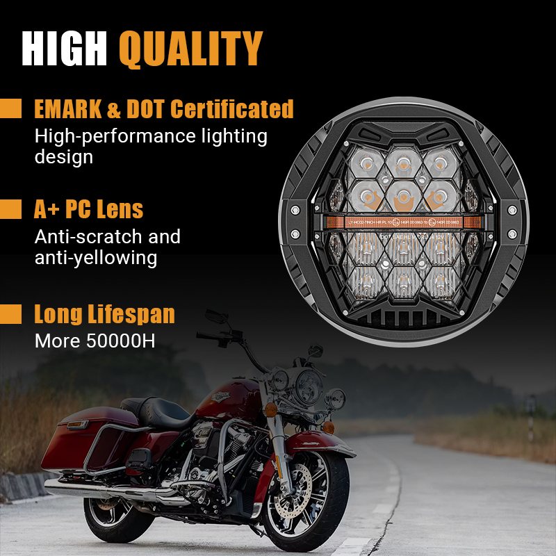 Vypart motorcycle LED headlight is EMARK and DOT certified, ensuring legal and safe riding. Features an A+ PC lens that is anti-scratch and anti-yellowing, along with a long lifespan of over 50,000 hours for lasting reliability.
