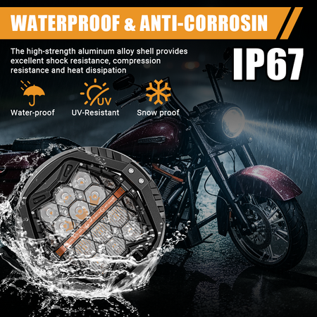Built with a high-strength aluminum alloy shell, the Vypart motorcycle LED headlight provides excellent shock resistance, compression resistance, and heat dissipation. IP67 rated to withstand heavy rain, UV, and snow.