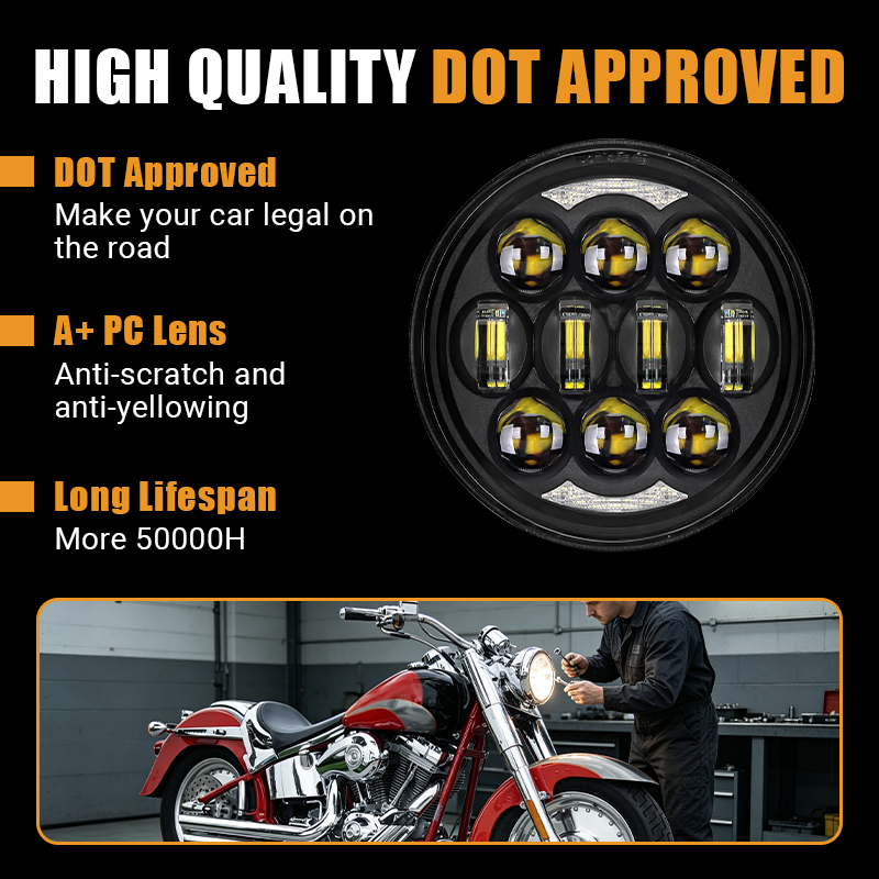 Vypart 5.75-inch LED headlight is DOT approved, making your motorcycle legal on the road. Features an A+ PC lens that is anti-scratch and anti-yellowing, along with a long lifespan of over 50,000 hours for lasting reliability.