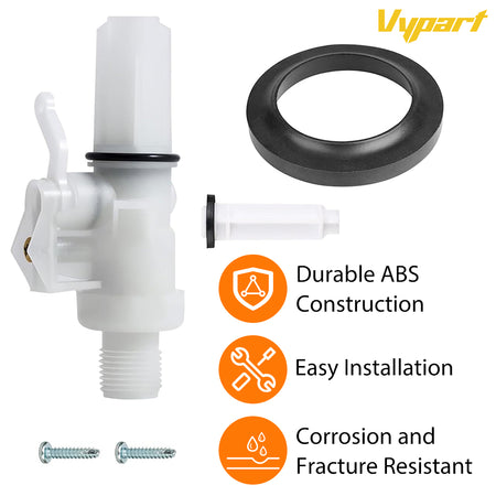 Side-by-side comparison showing a new Vypart ABS plastic water valve next to an old, worn-out or leaking toilet valve