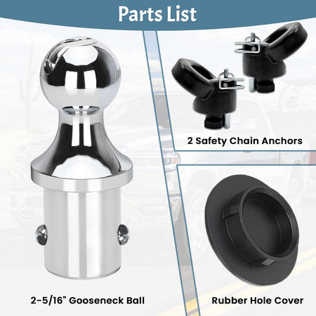 Demonstration image showing how the Vypart puck system allows for easy installation and removal of the gooseneck hitch ball in the truck bed