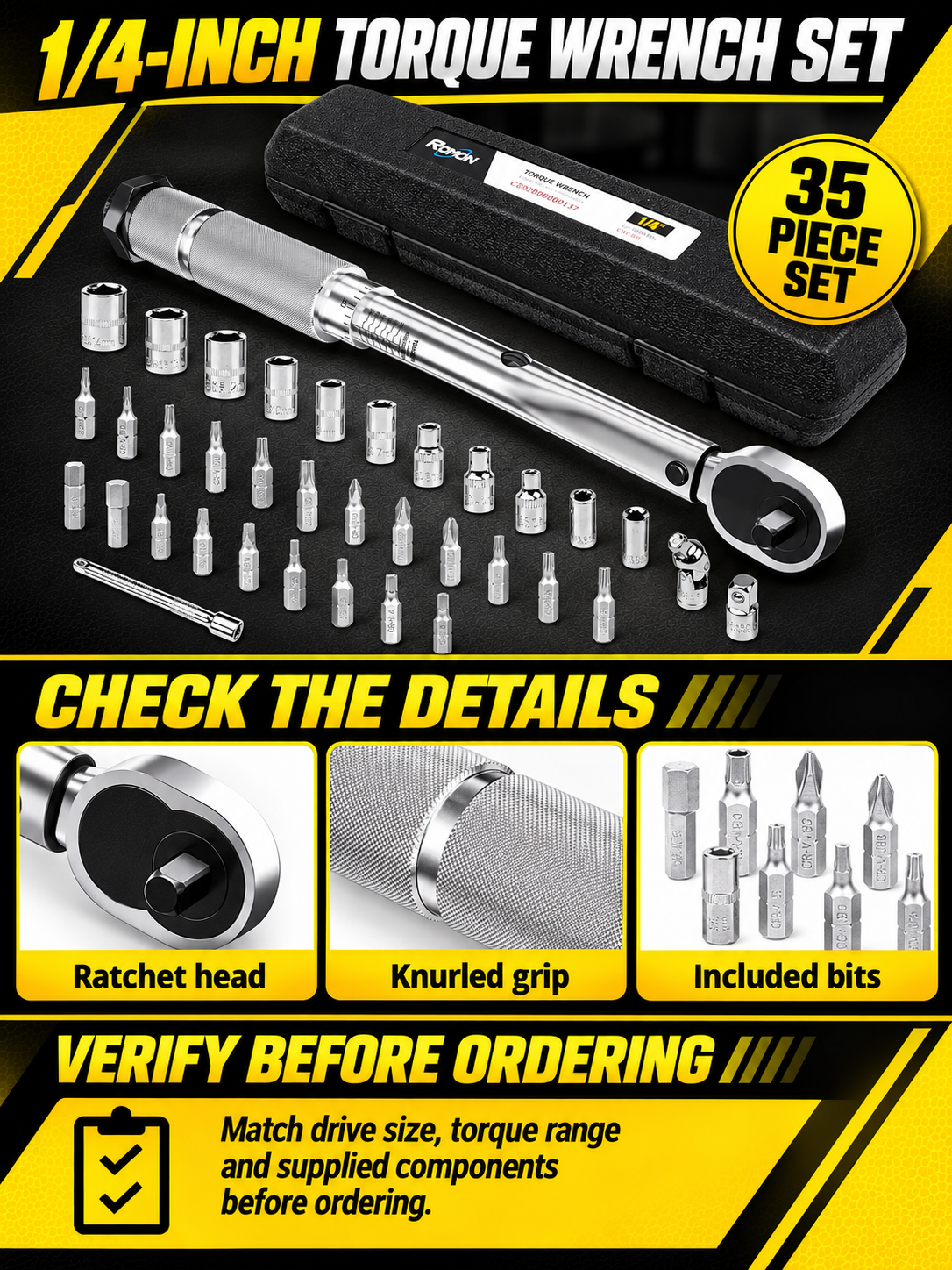 Vypart 1/4 inch 35-piece torque wrench set A+ guide showing ratchet head, sockets, bits and size check