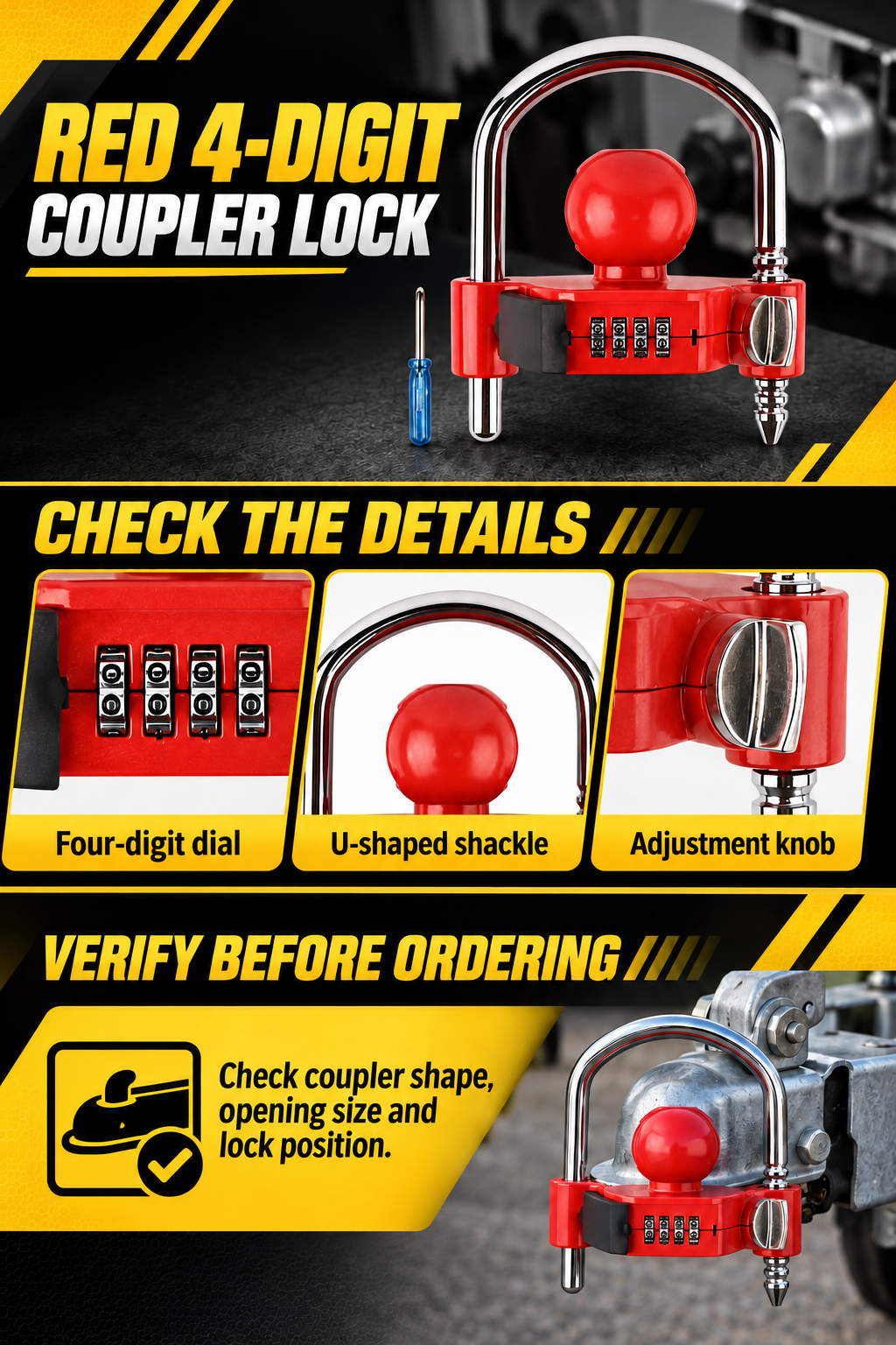 Vypart red four-digit trailer coupler lock A+ guide showing number dial, U-shaped shackle and adjustment knob