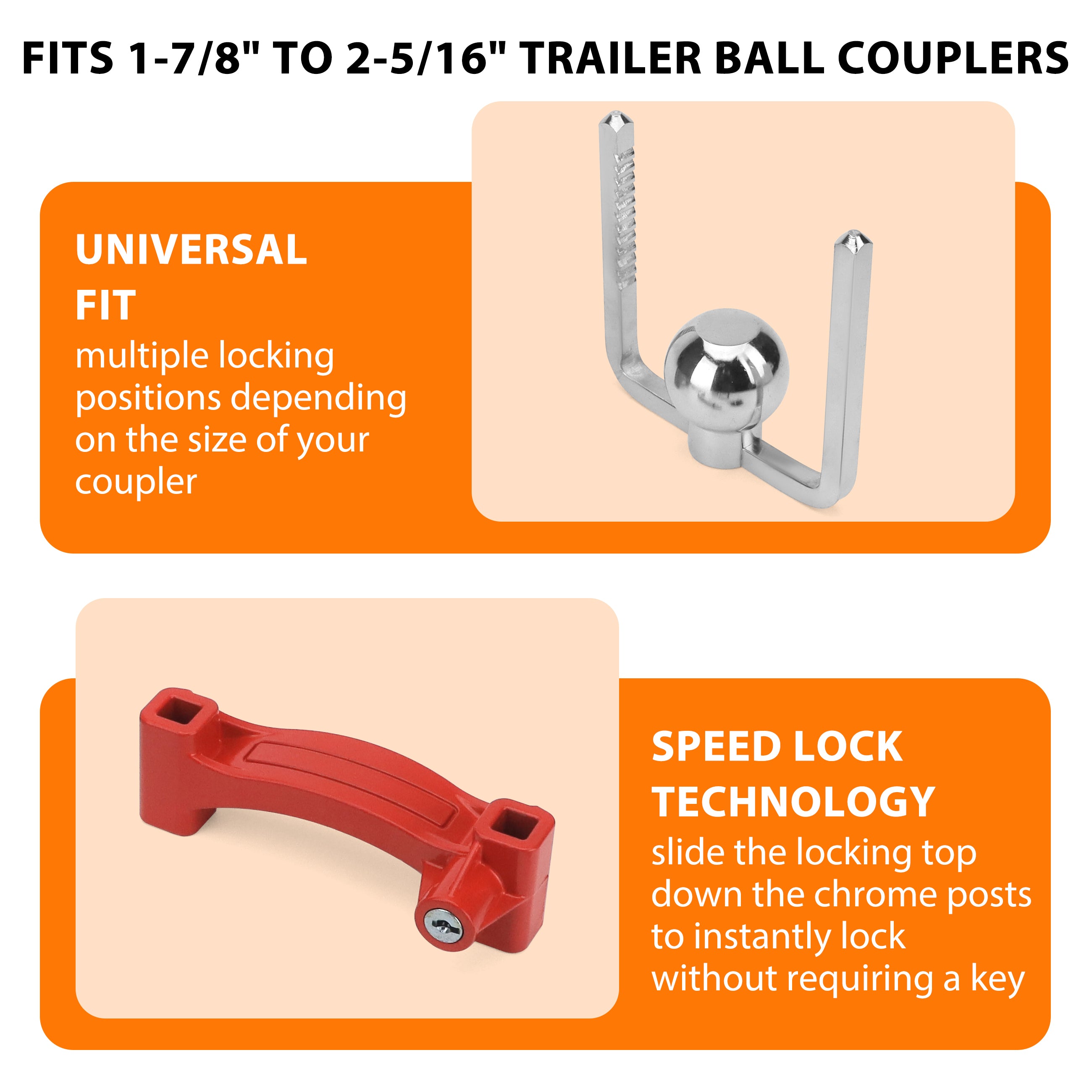 Vypart heavy-duty bar lock with red shackle securely installed on a trailer hitch ball, showing theft protection in place