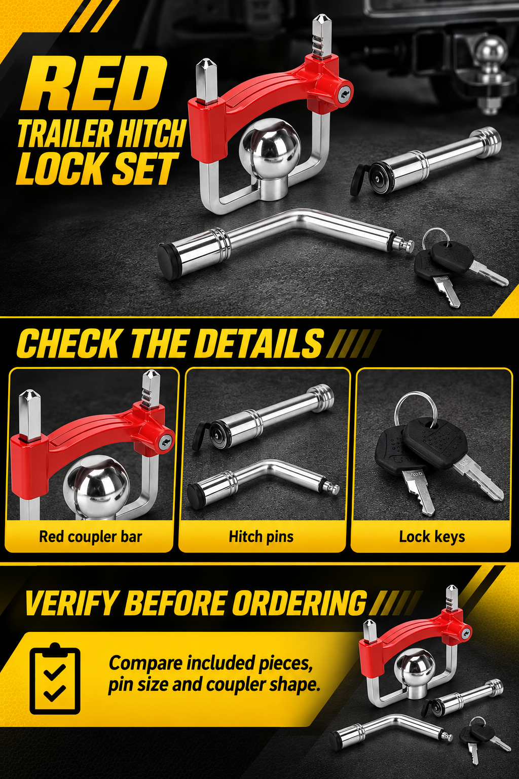 Vypart red trailer hitch bar lock set A+ guide showing coupler bar, two hitch pins, keys and ordering checks