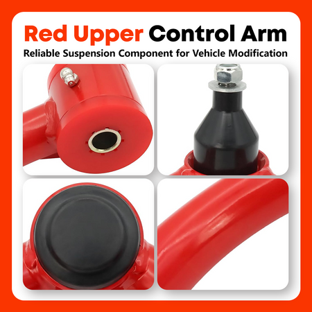 Close-up views of the Vypart red upper control arm showing the bushing, ball joint, protective cap, and tubular arm