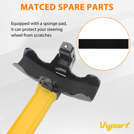 Close-up detail shot of the Vypart steering wheel lock's rotary locking mechanism and keyhole, highlighting build quality