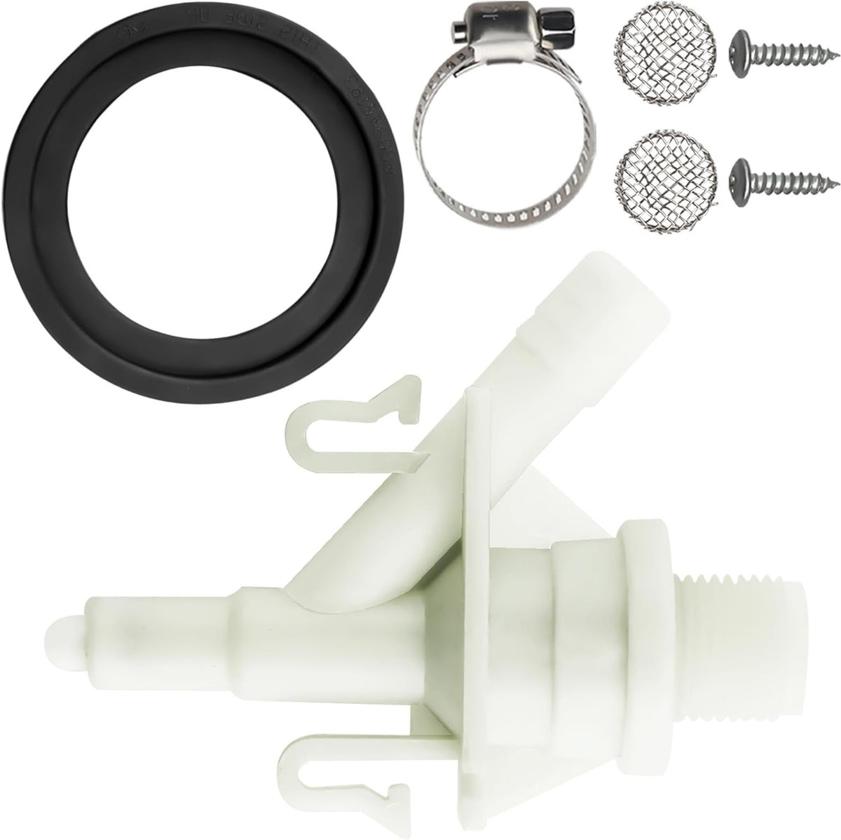 Vypart RV Toilet Water Valve Kit 385311641 for Sealand Dometic 300-321 Models, includes hose, outlet, and seals on white background