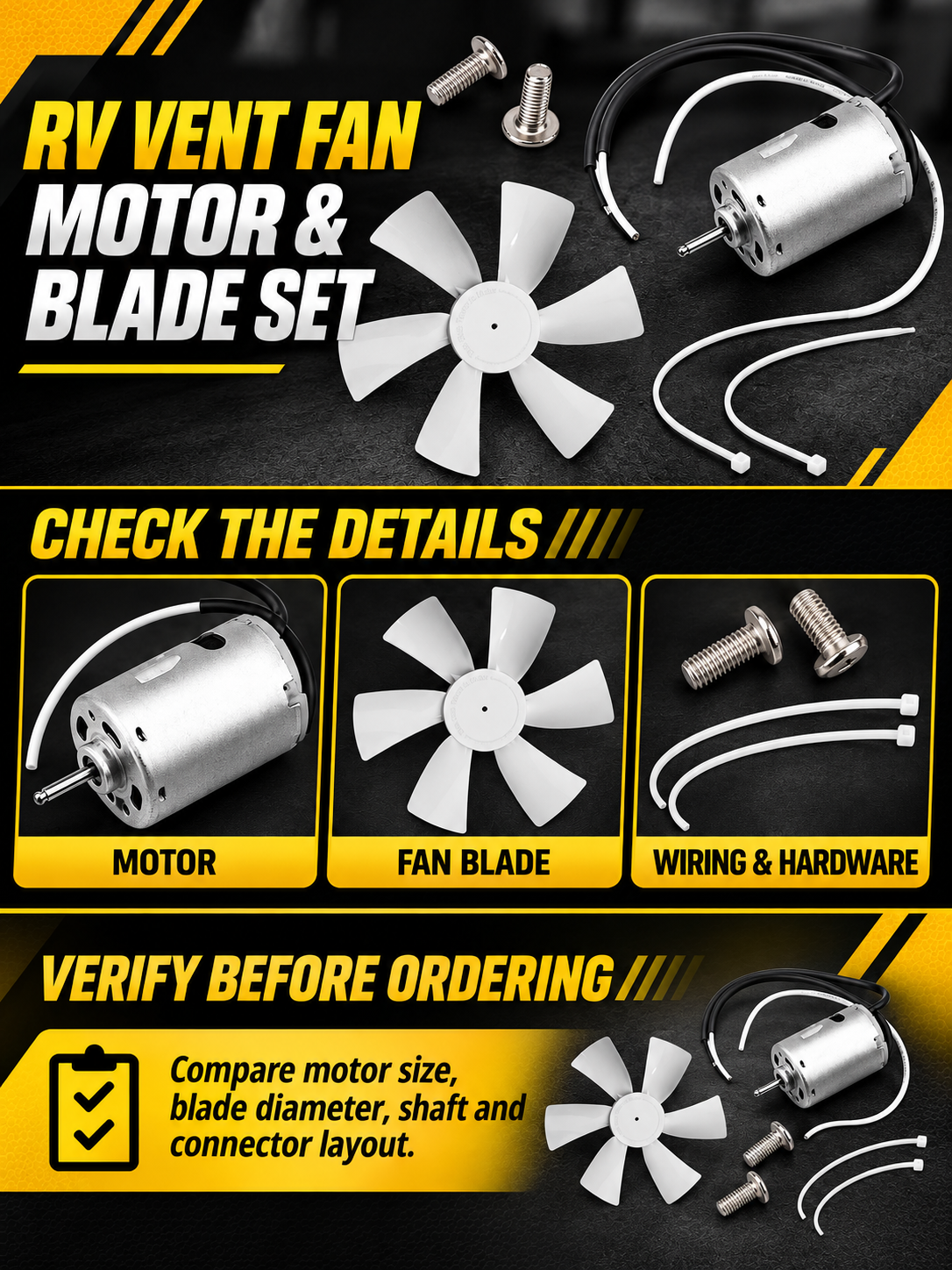 Vypart RV vent fan motor and blade set A+ guide showing motor, fan blade, wiring and hardware