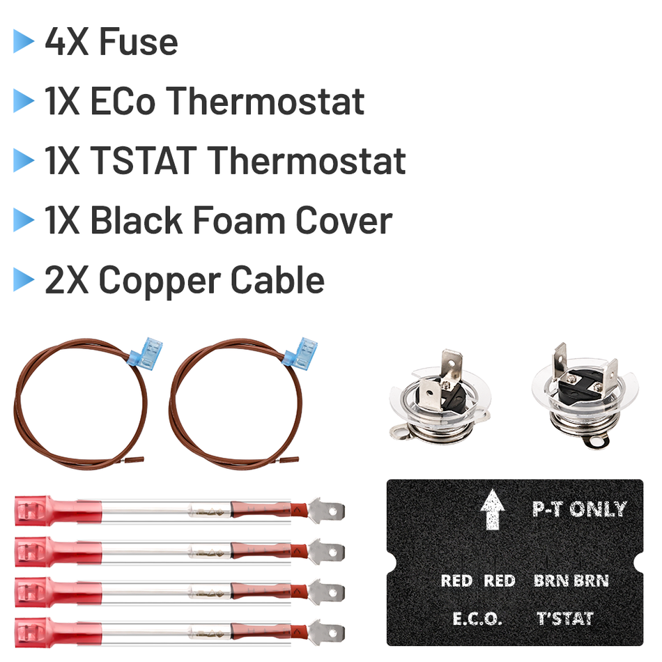 Individual components of the Vypart kit: circuit board (91365), thermal cut-off kit (91447), and spark igniter (93868) laid out separately