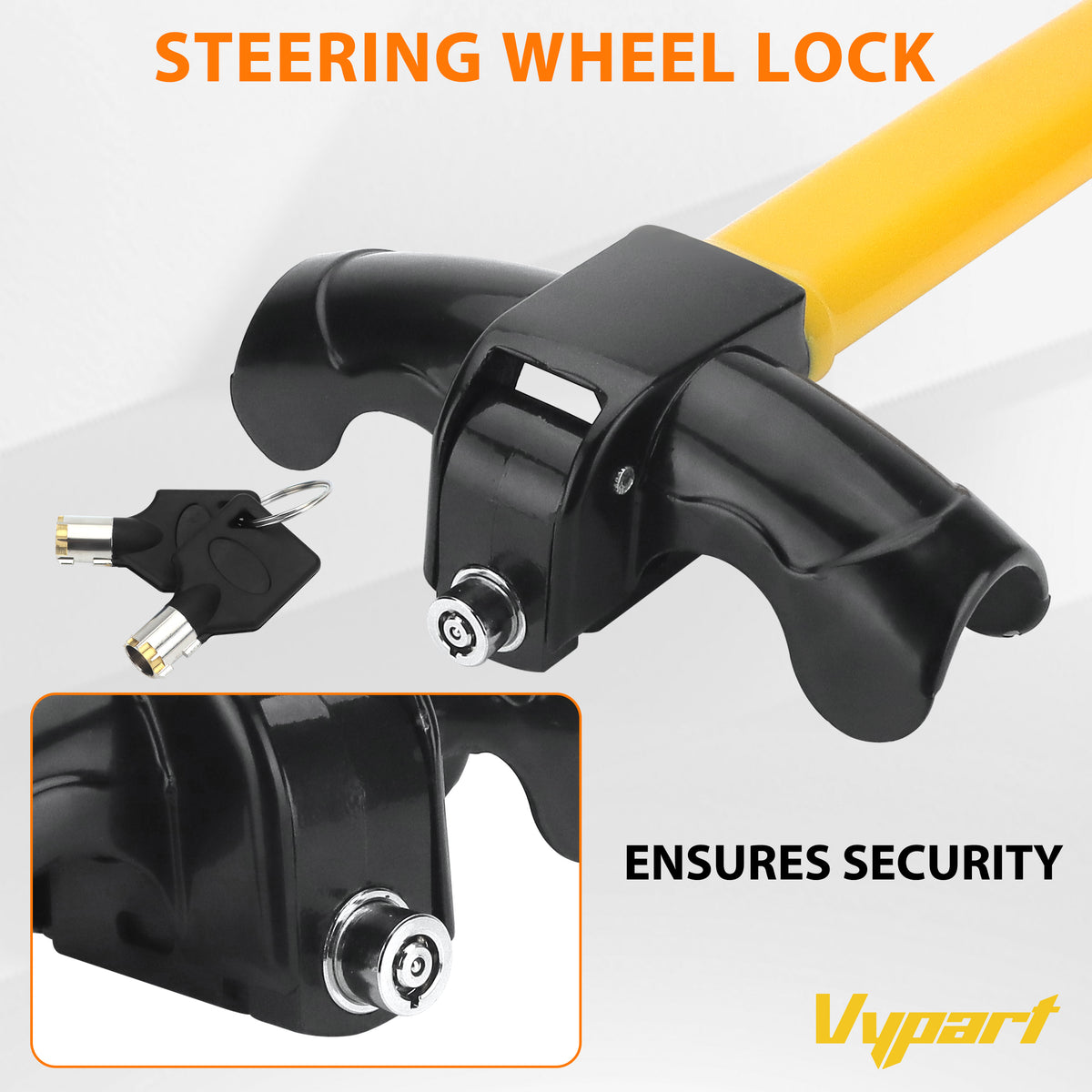 Step-by-step demonstration image showing how to easily install the Vypart universal anti-theft steering lock