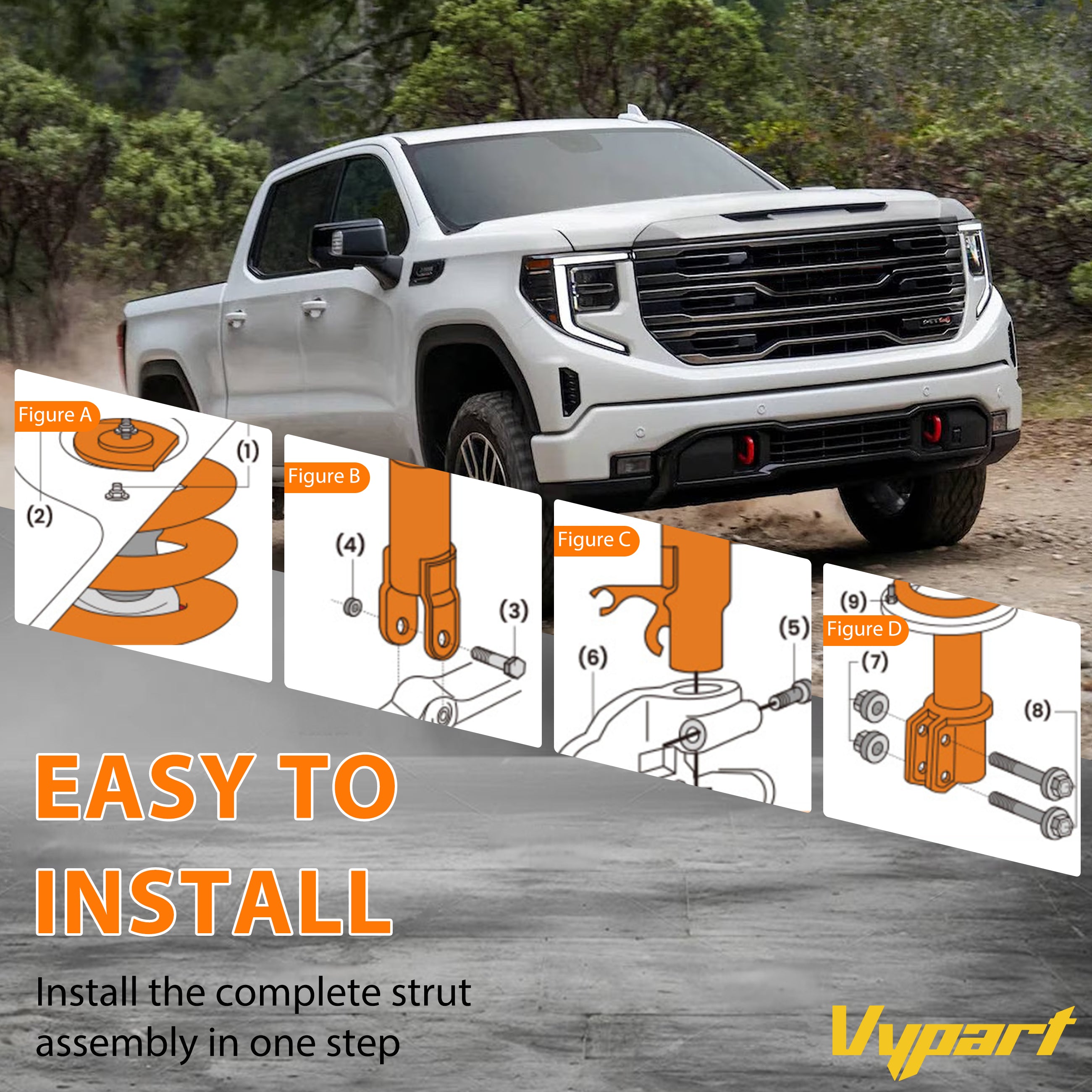 Performance test graphic showing improved ride comfort and stability with Vypart 37178 struts on Chevy Tahoe