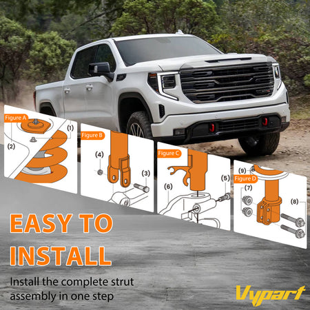 Performance test graphic showing improved ride comfort and stability with Vypart 37178 struts on Chevy Tahoe