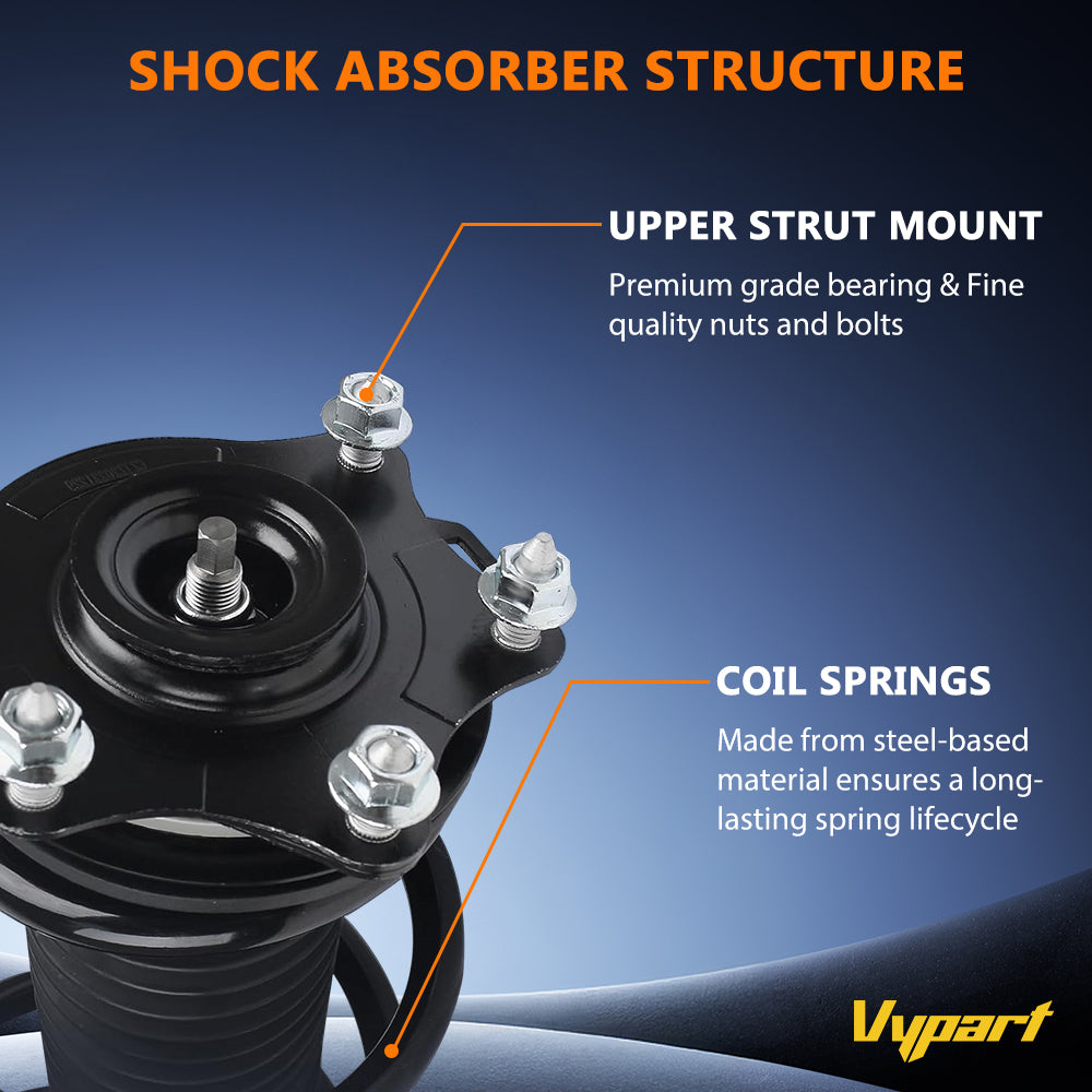Close-up details of the Vypart front left strut assembly showing spring, shock body, and mounting points