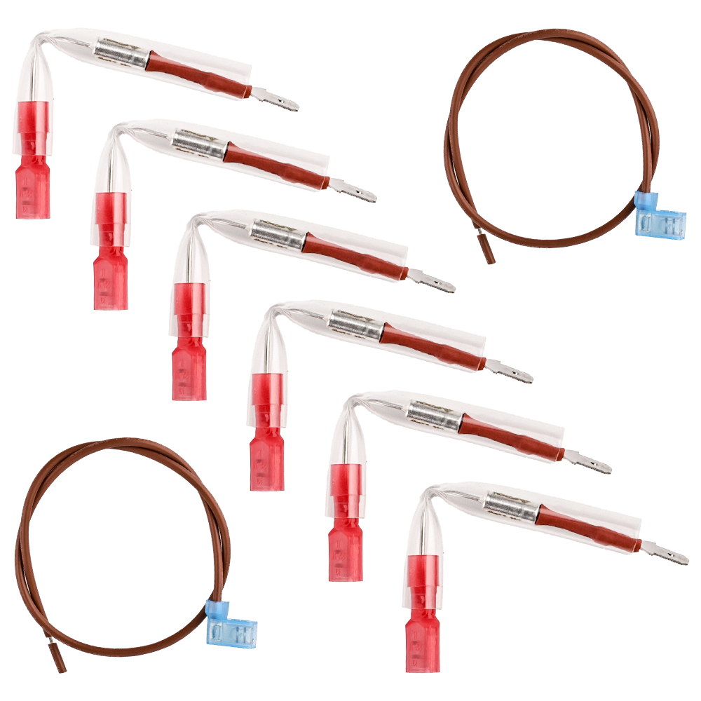 Close-up detail of the 6 thermal cutoff fuses and 2 thick copper connecting wires included in the Vypart 93866 replacement kit