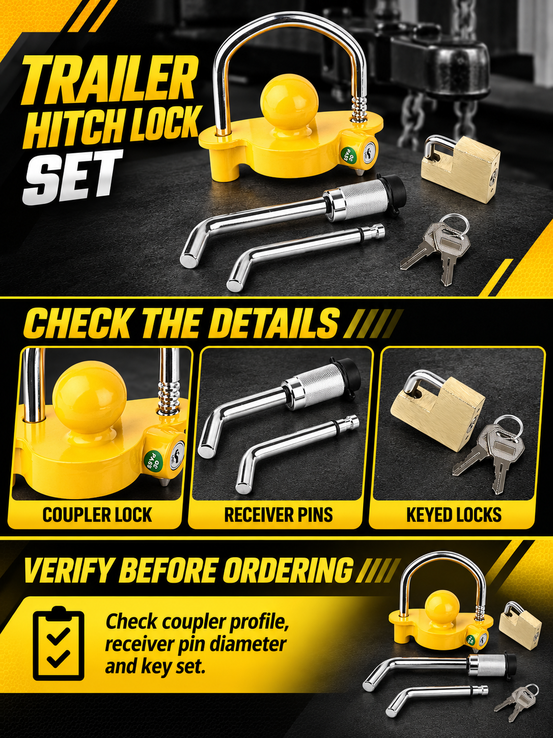 Vypart three-lock trailer hitch set A+ guide showing yellow coupler lock, receiver pins and keyed padlock