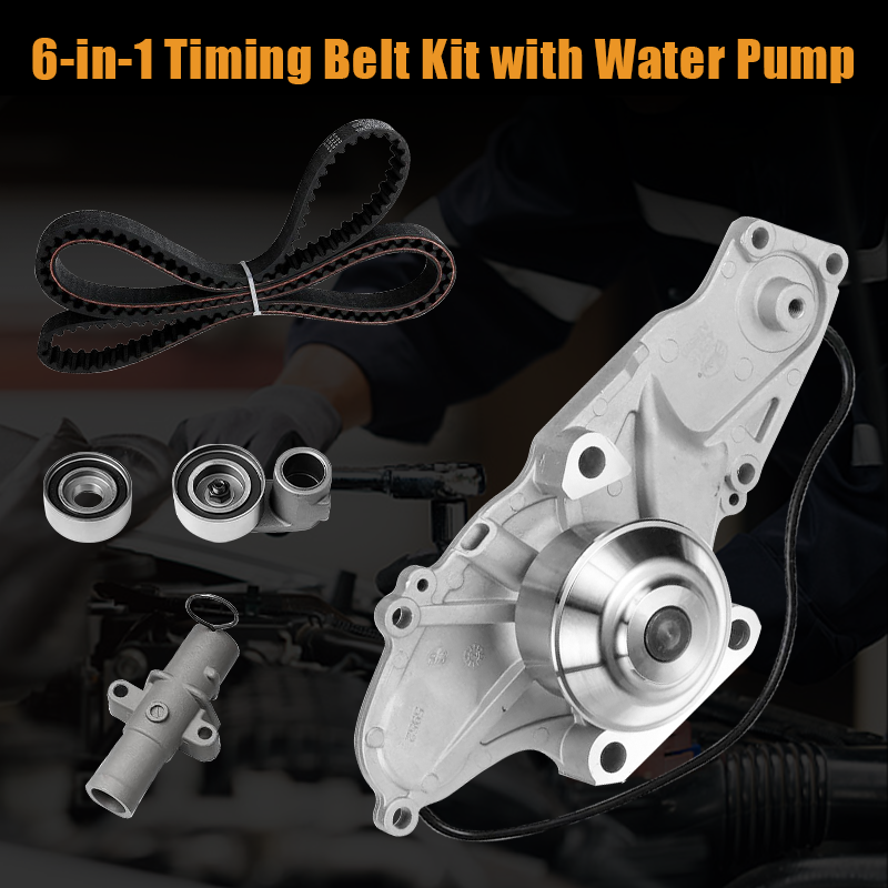 Full timing belt service kit laid out against auto repair workshop for engine maintenance replacement