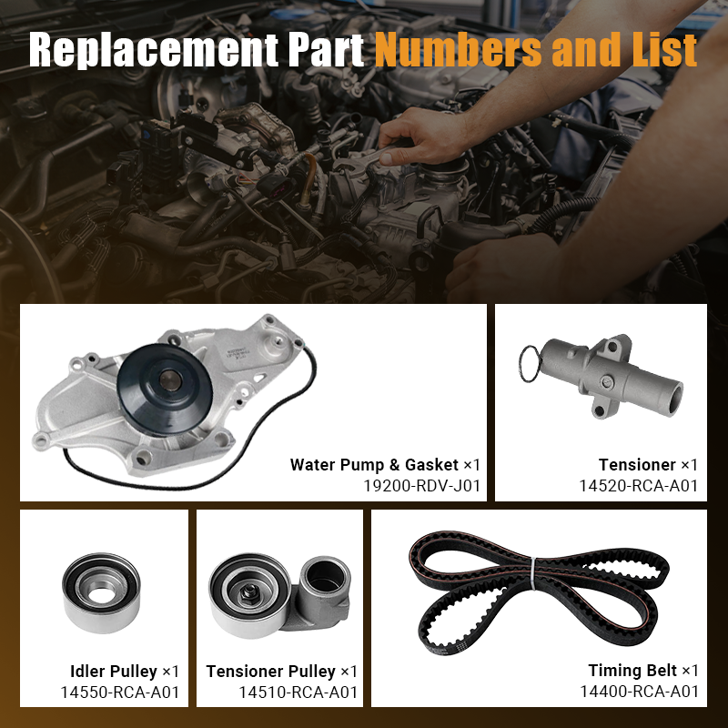 Breakdown of kit components with corresponding OEM replacement part numbers for engine timing service