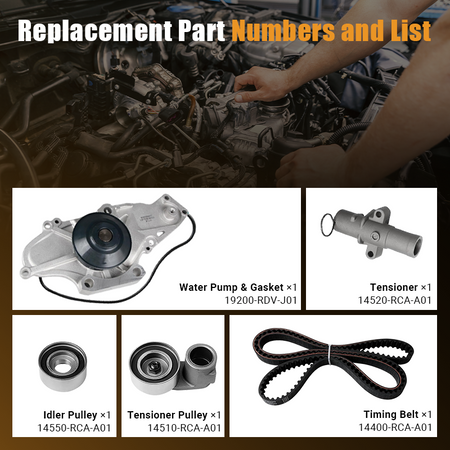 Breakdown of kit components with corresponding OEM replacement part numbers for engine timing service