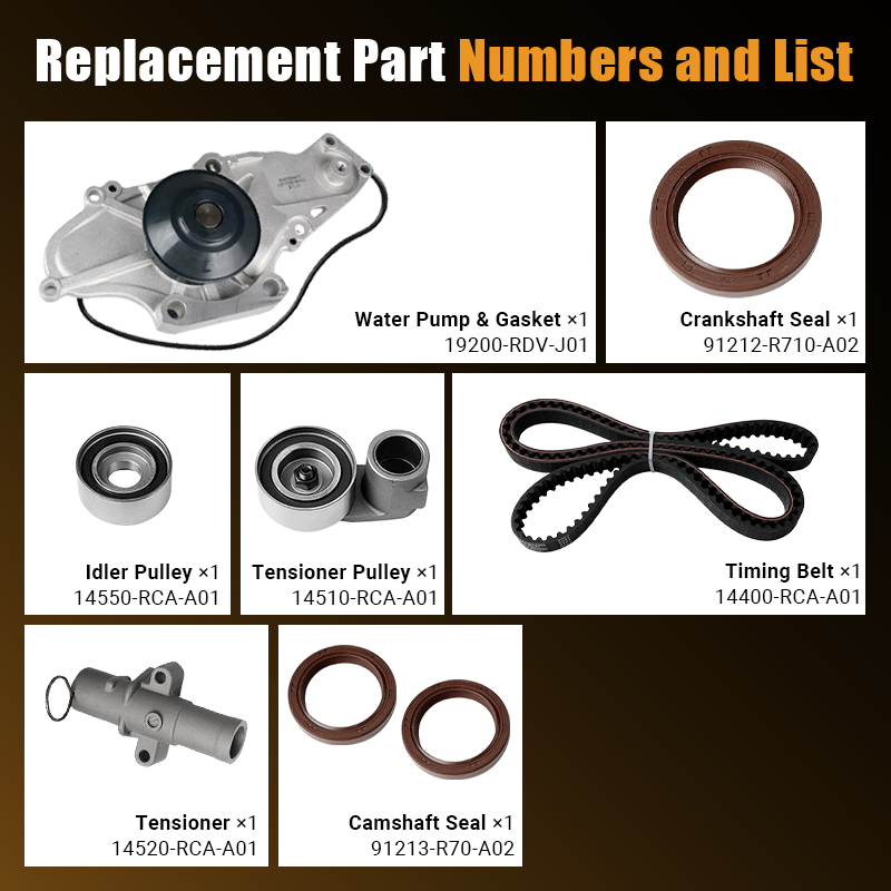 Detailed list of parts including Water Pump (19200-RDV-J01), Crankshaft Seal (91212-R710-A02), Idler Pulley (14550-RCA-A01), Tensioner Pulley (14510-RCA-A01), Timing Belt (14400-RCA-A01), Tensioner (14520-RCA-A01), and Camshaft Seals (91213-R70-A02).